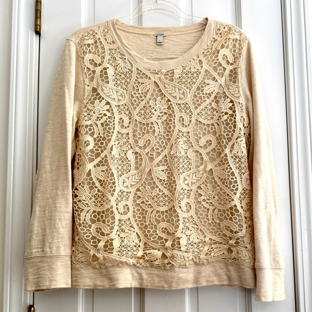 J.Crew cream colored sweatshirt with lace pattern crochet front - Size Large